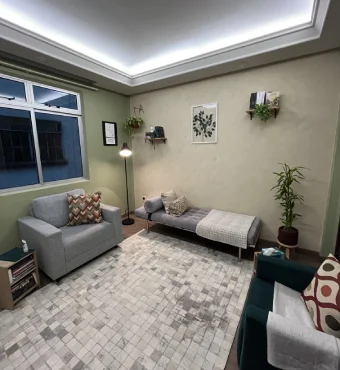 Sala de atendimento presencial, com poltrona, divã e plantas